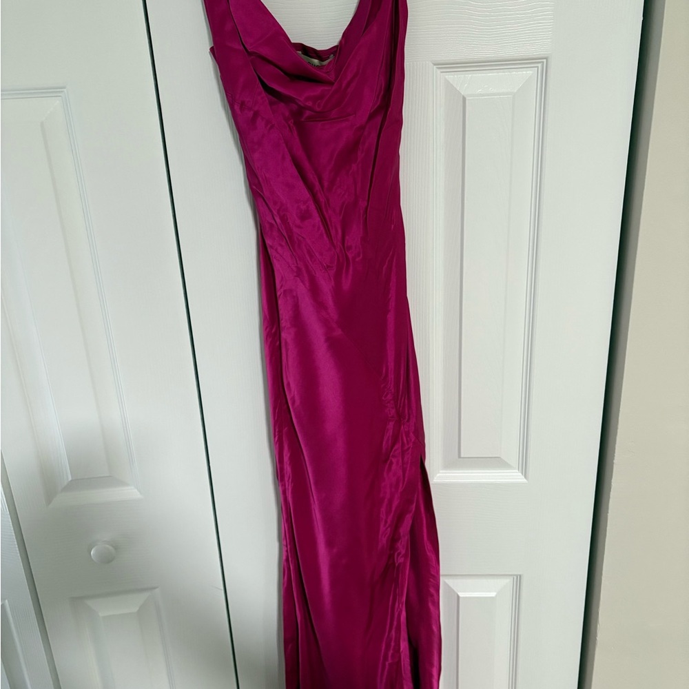 NICHOLAS Hot Pink Satin Cowl-Neck Maxi Dress with Front Slit - Picture 5 of 5
